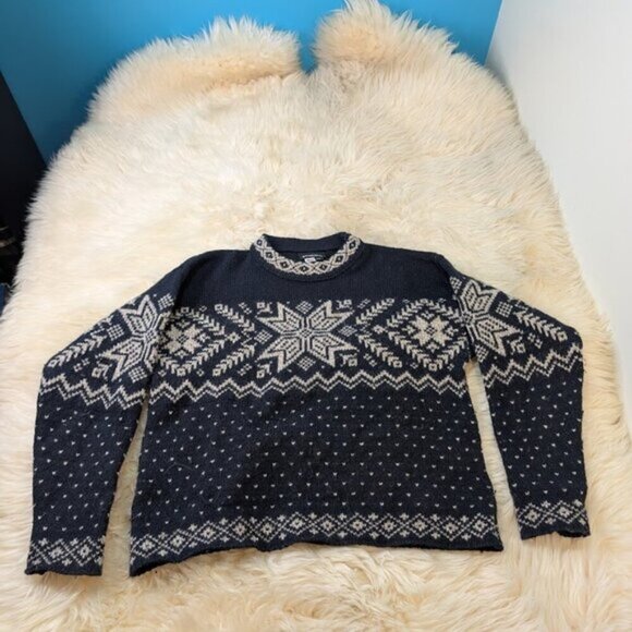 Demetre Fair Isle Snowflake Blue and White Wool Sweater Size Small - Picture 1 of 10